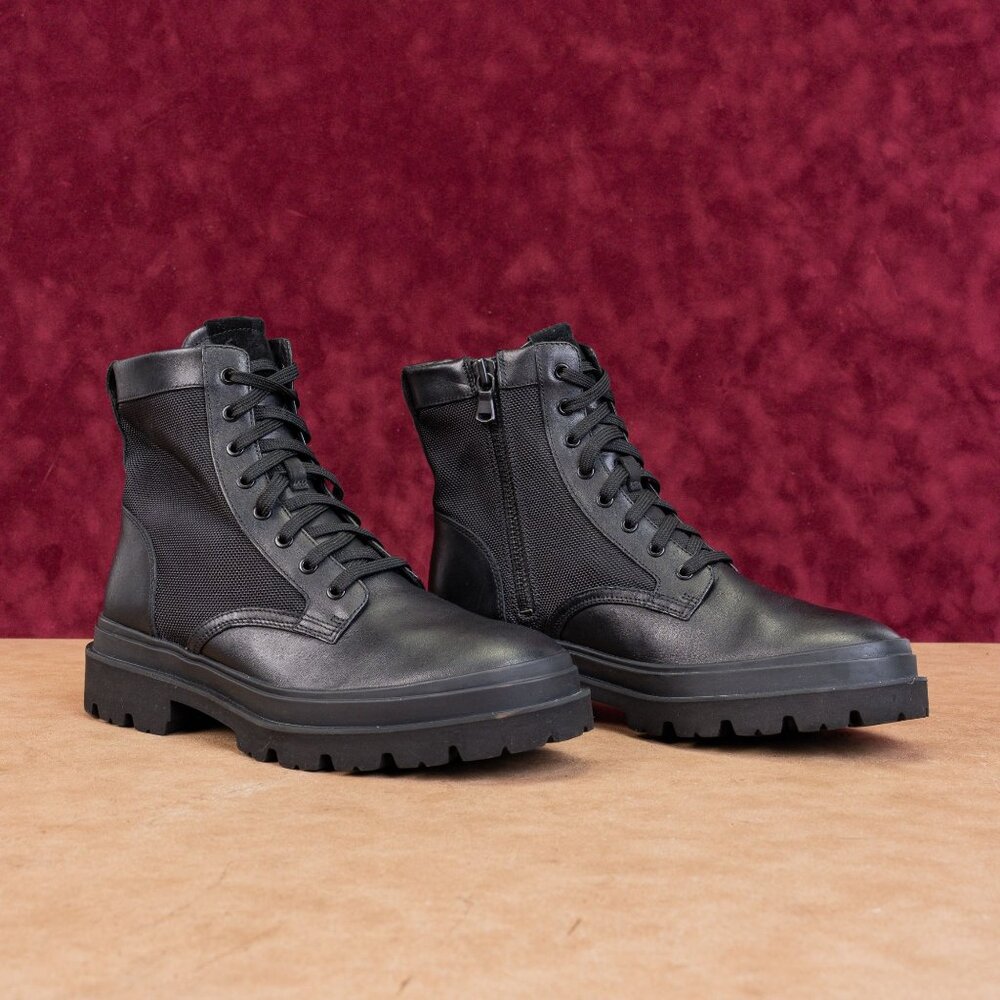 Vince Men Raider Black Leather Fabric Lace-up Zip Combat Boots sz 7.5US EUR40.5